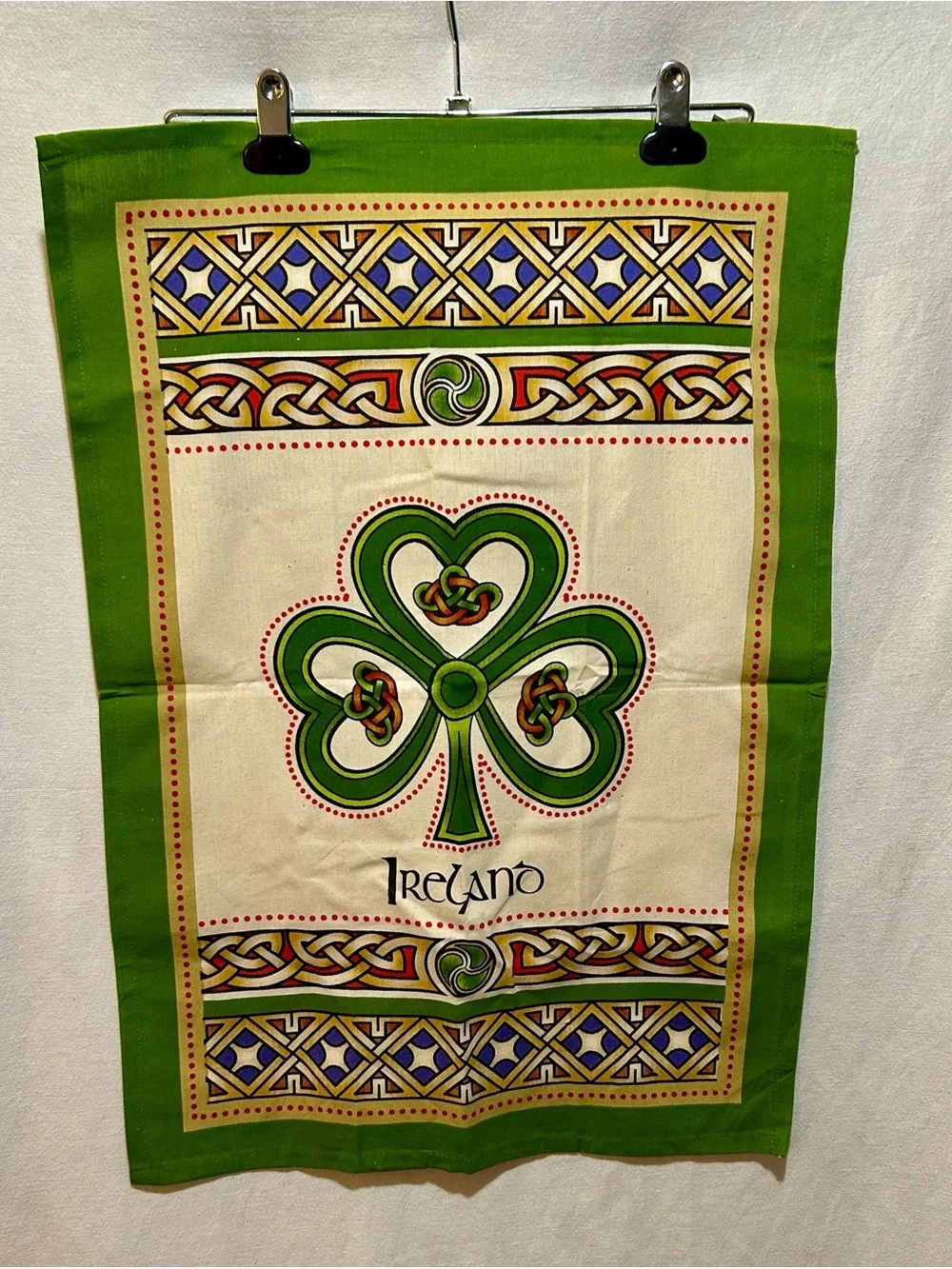 Vintage Ireland Shamrock Celtic Knot Tea Towel Green Cotton Kitchen Linen